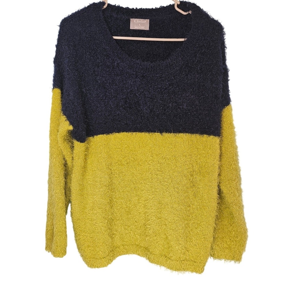K. Jordan Fuzzy Colorblock Sweater Women's Large Navy Blue Lime Green Cozy Core‎